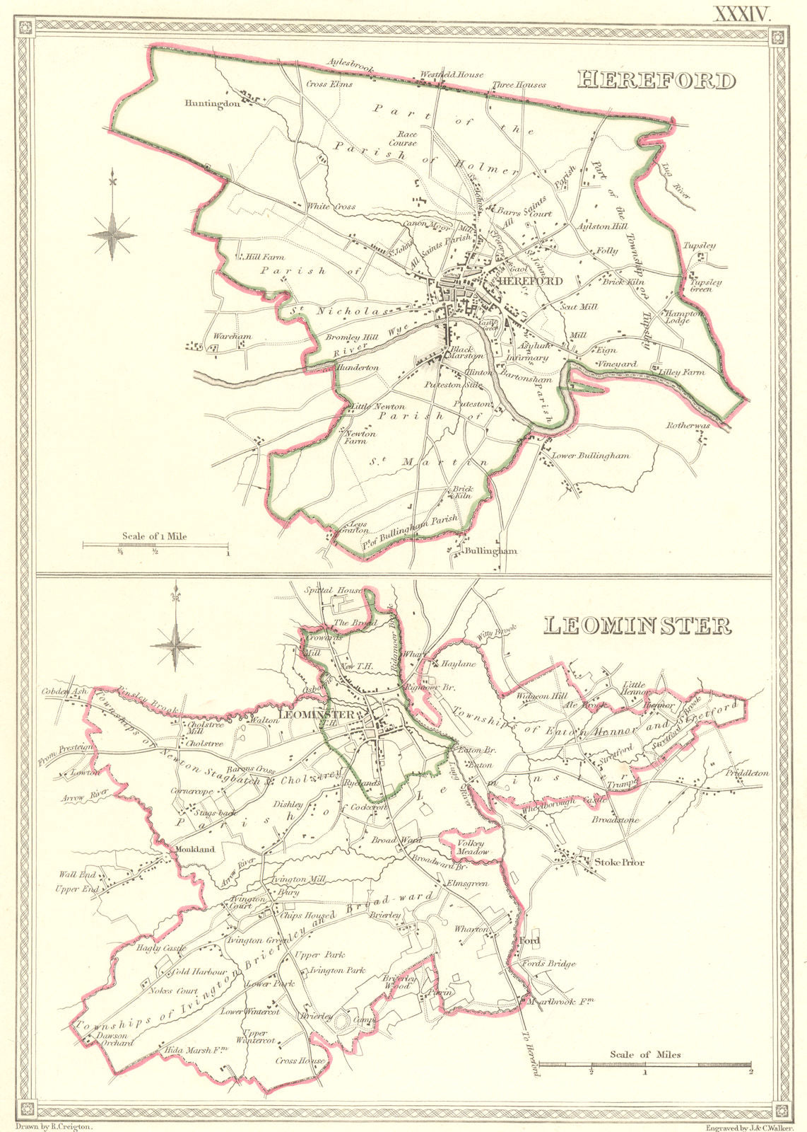 HEREFORD. Leominster. Creighton Walker. Town Plan 1835 old antique map chart